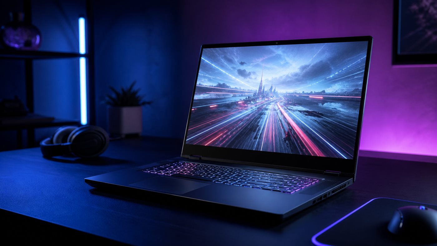 A powerful gaming laptop on a dark desk