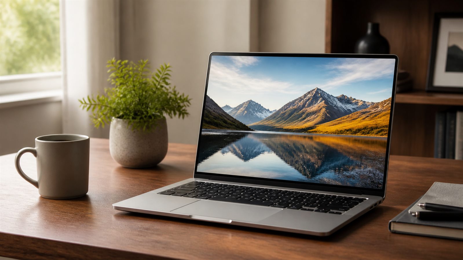 A premium slim laptop on a warm desk