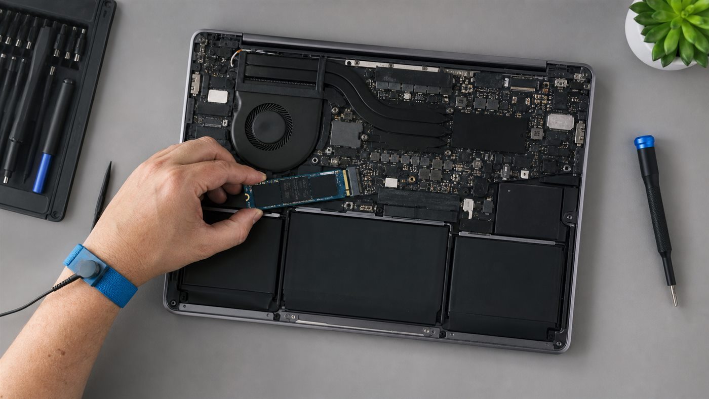 An open laptop and anti-static repair tools