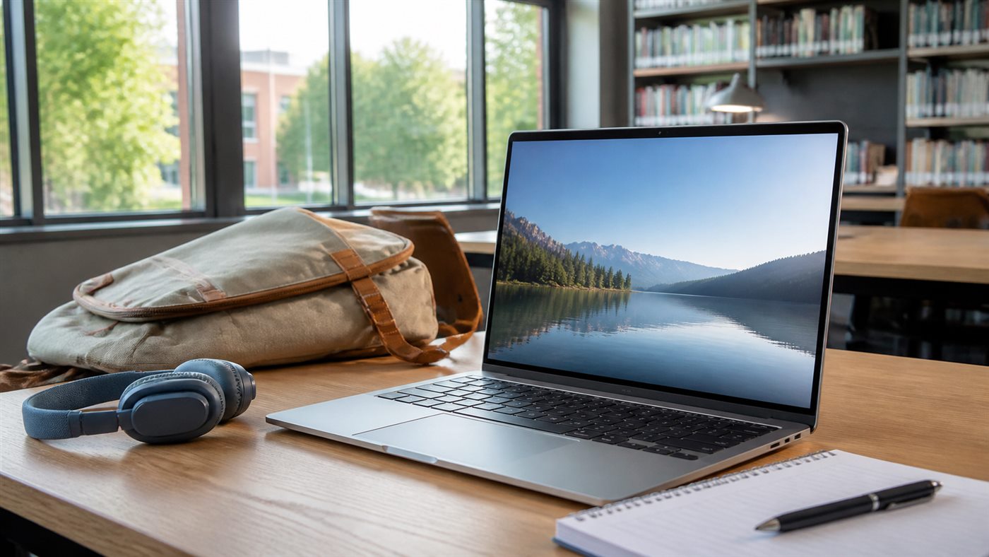 A lightweight laptop on a university library desk