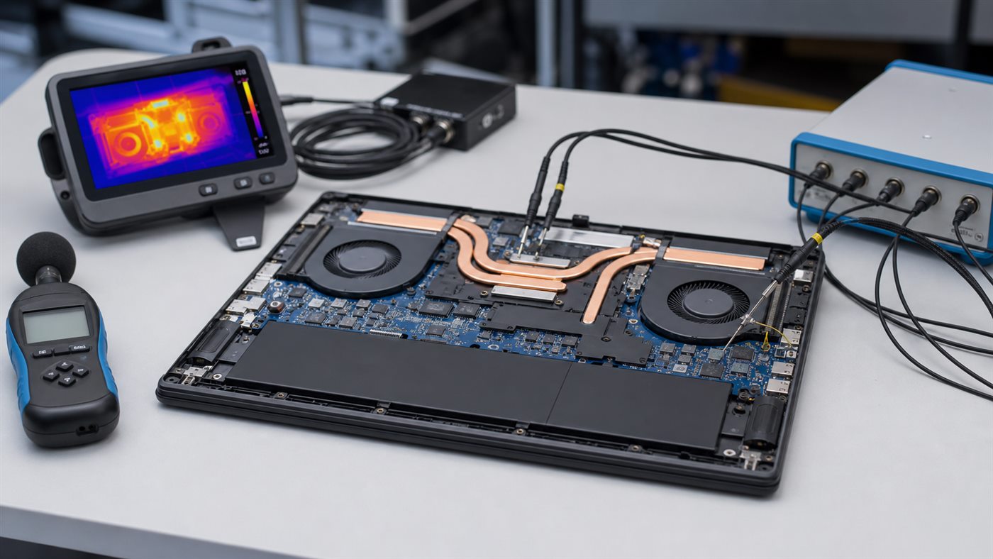 An opened laptop connected to thermal and acoustic instruments